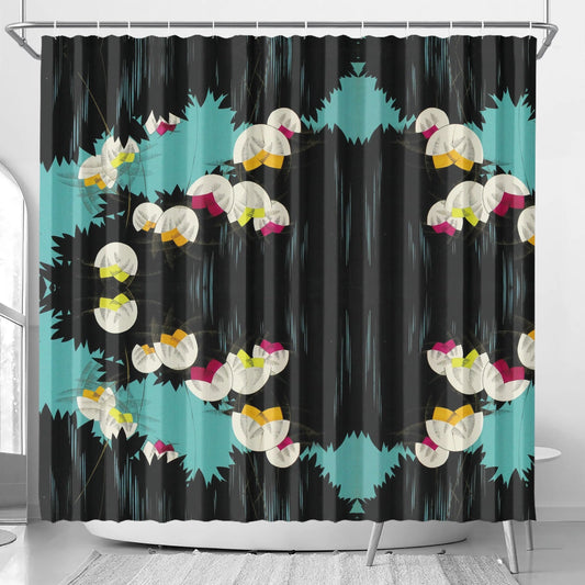 Art Deco Black and Turquoise Floral Lilly of the Valley Flower Abstract Boho Art Deco Inspired Shower Curtain - POP DECO