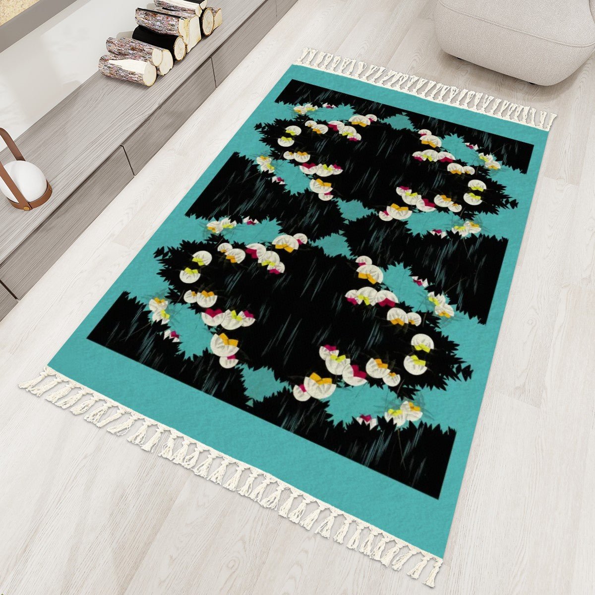 Art Deco Boho Area Rug with Tassels (5x3) | Elegant Art Deco Floral Rug - POP DECO