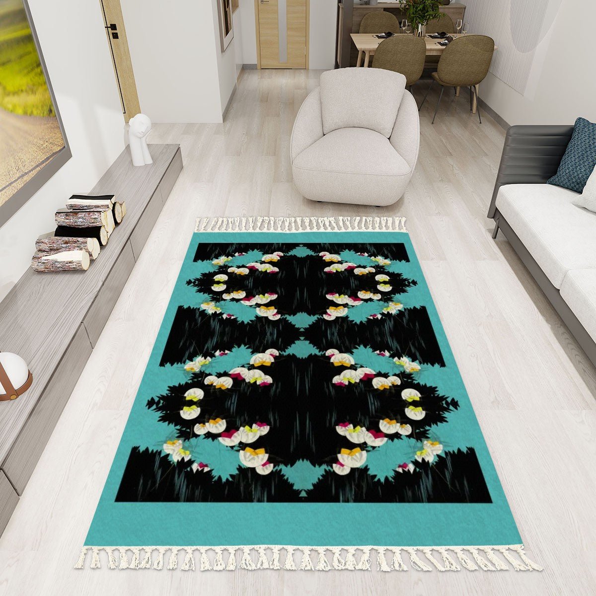 Art Deco Boho Area Rug with Tassels (5x3) | Elegant Art Deco Floral Rug - POP DECO