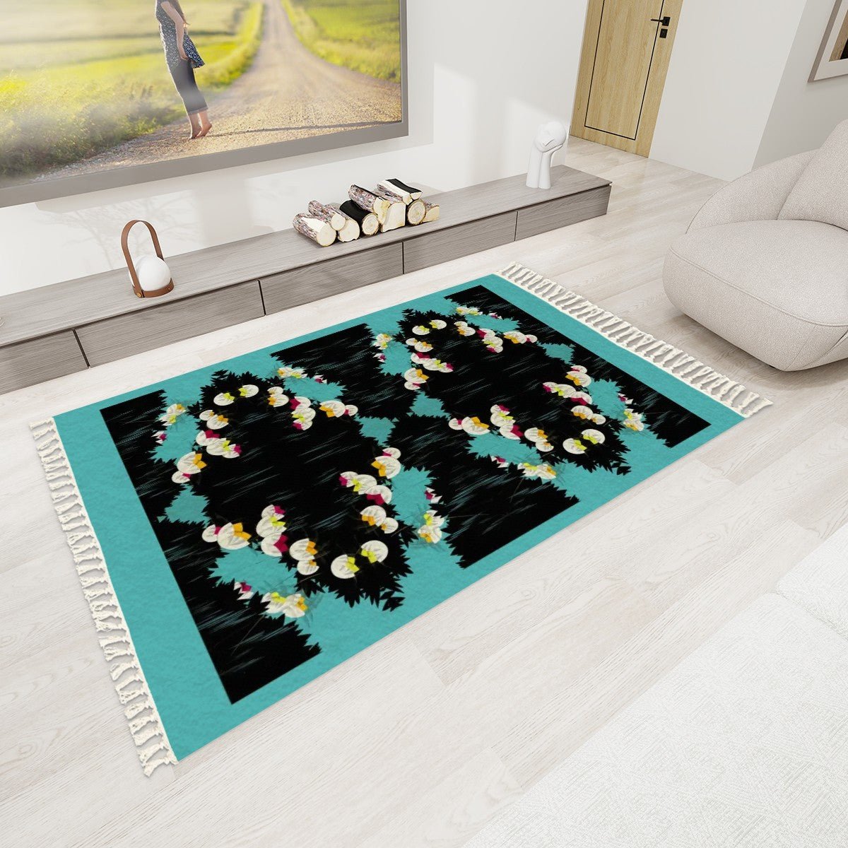 Art Deco Boho Area Rug with Tassels (5x3) | Elegant Art Deco Floral Rug - POP DECO