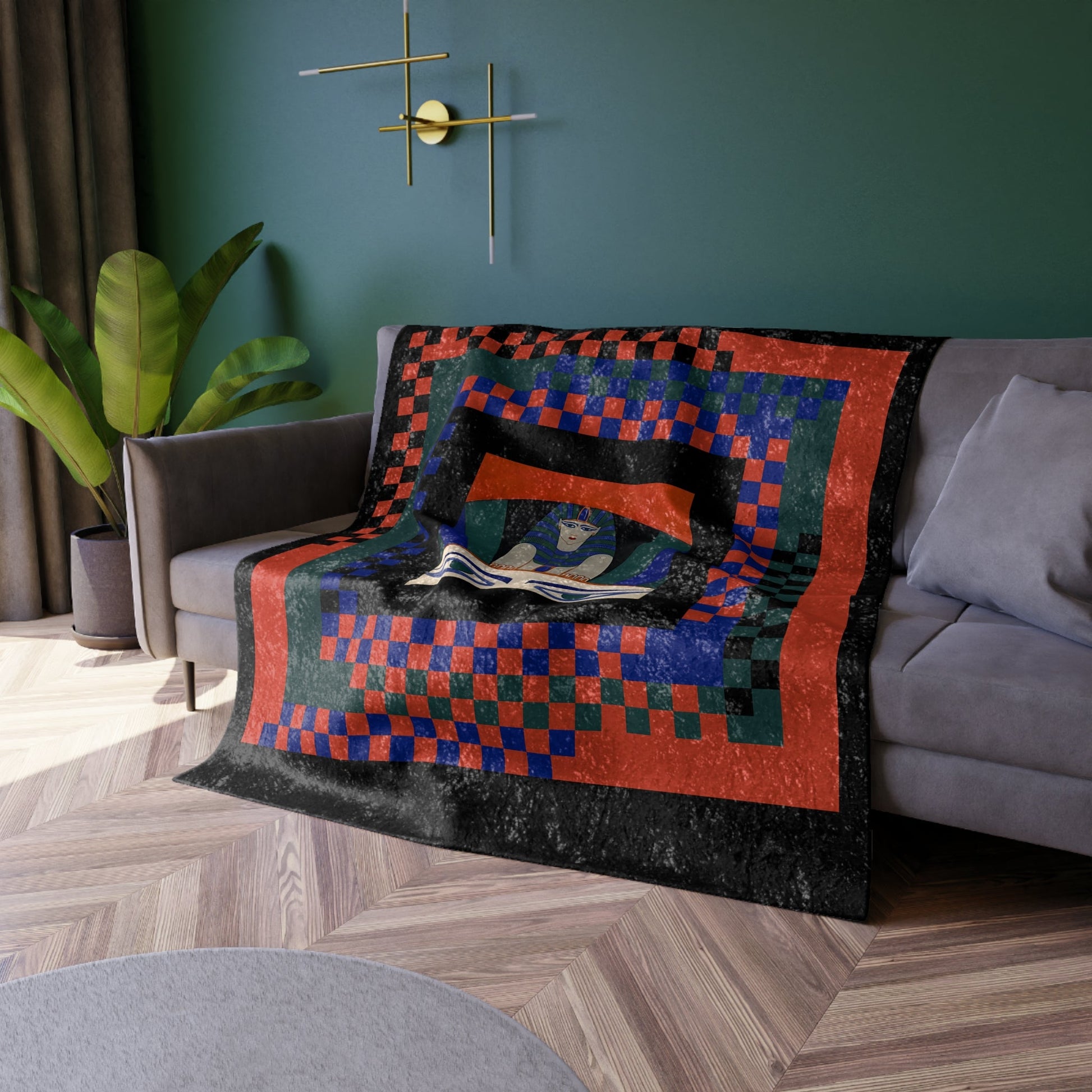 Art Deco Egyptian Revival Crushed Velvet Blanket | Maximalist Checkered Throw - POP DECO