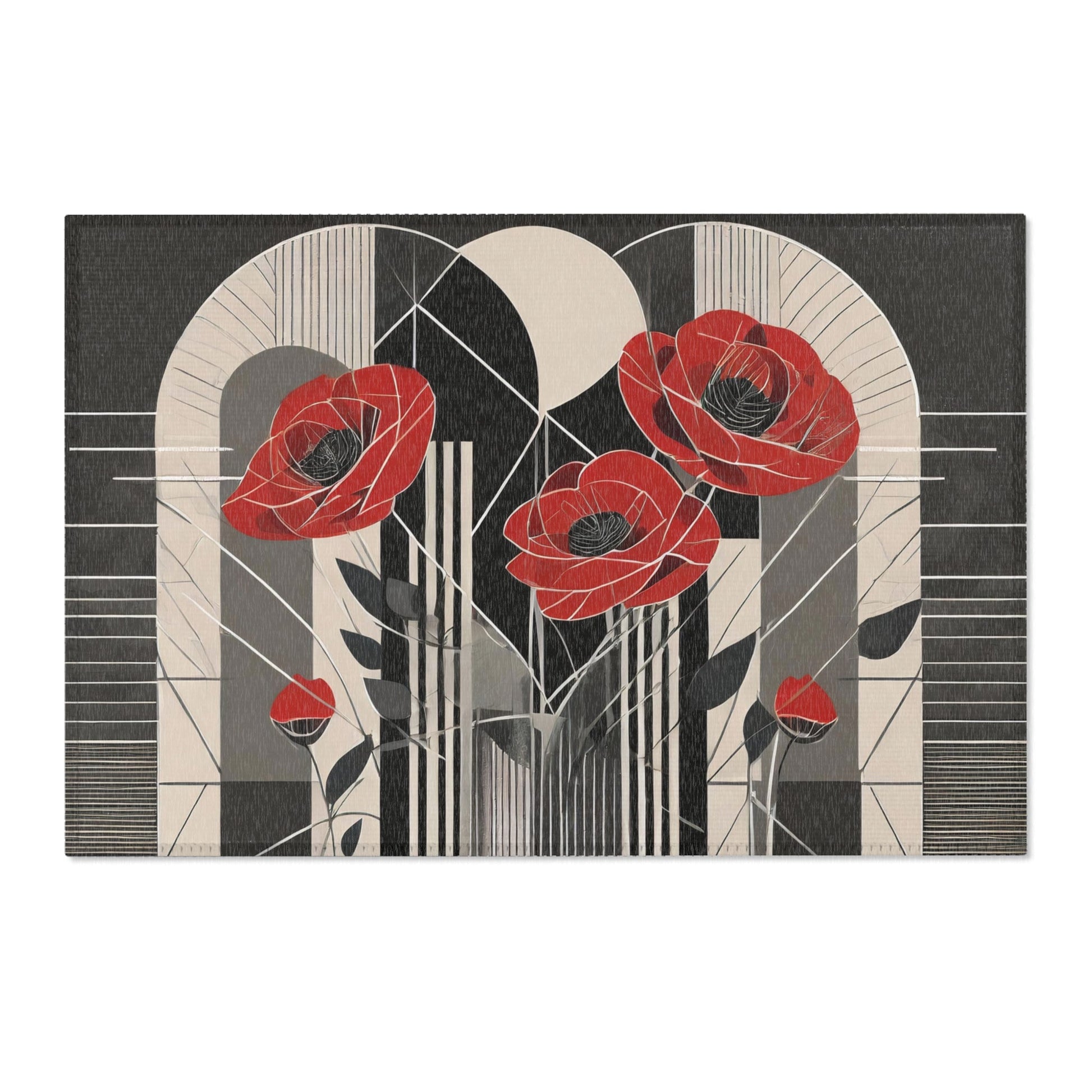 Art Deco Red Poppies Boho Area Rug | Elegant Floral Carpet Red and Black Aesthetic - POP DECO