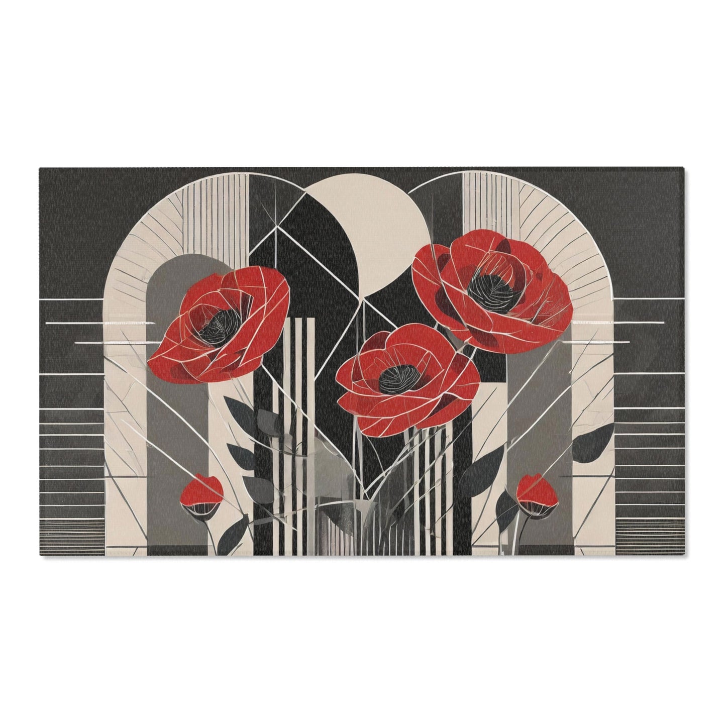 Art Deco Red Poppies Boho Area Rug | Elegant Floral Carpet Red and Black Aesthetic - POP DECO