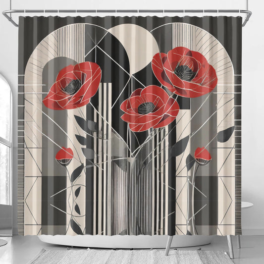 Art Deco Red Poppy Flower Black and Wild Abstract Boho Art Deco Inspired Shower Curtain - POP DECO