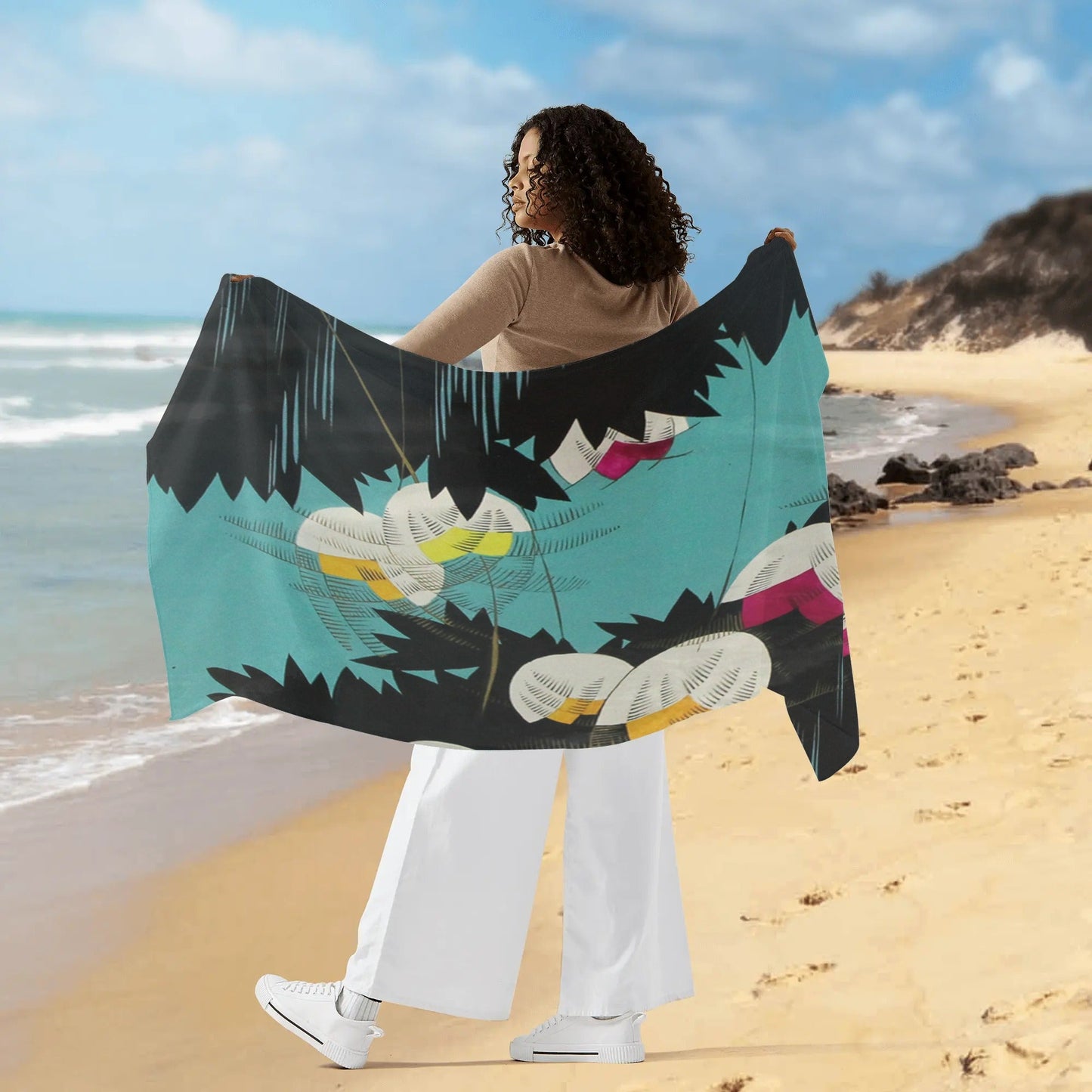 Art Deco Womens Sarong Bikini Coverup with Abstract Floral Design Sheer Retro Wrap with Elegant Flowers on Black and Turquoise - POP DECO