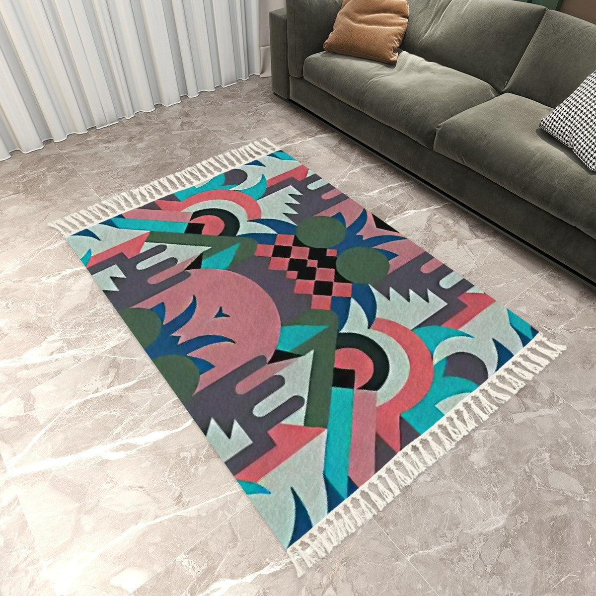 Art Deco Psychedelia Abstract Geometric Area Rug with Tassels (5'x8') | Eclectic Retro Rug