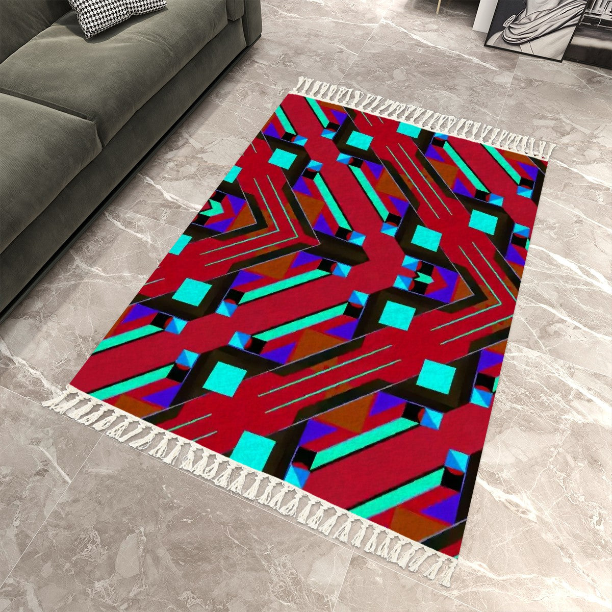 Pop Wild Geometric Cherry Coded Area Rug (5'x8') | Boho Eclectic Rug with Tassels