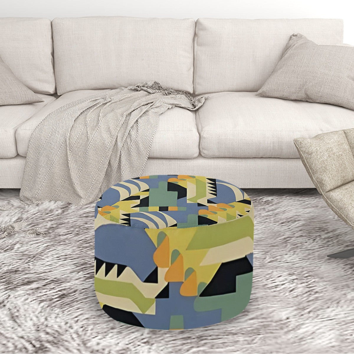 Kaleidoscope Reimagined Colorful Eclectic Round Pouf Ottoman |  Art Deco Inspired Abstract Patterned Pouf