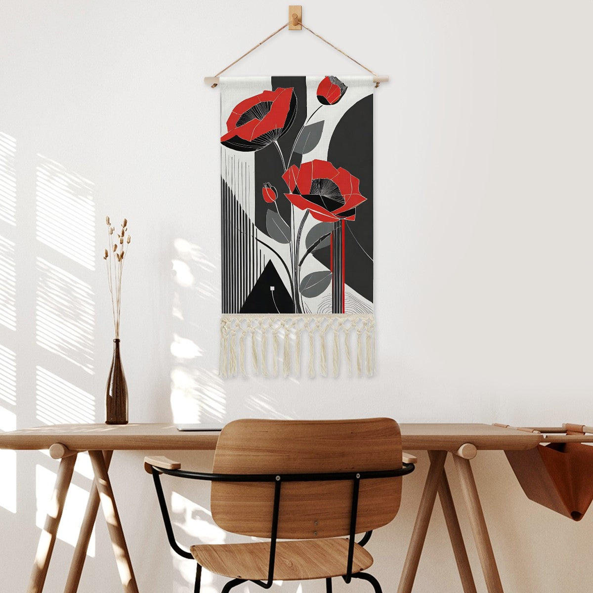 Scarlet Bloom Wall Hanging | Art Deco Floral Cotton Linen Tapestry