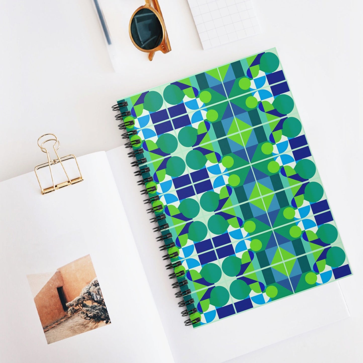 Blue and Green Abstract Geometric Journal Graphic Art Deco Vibe Spiral Notebook - Ruled Line - POP DECO