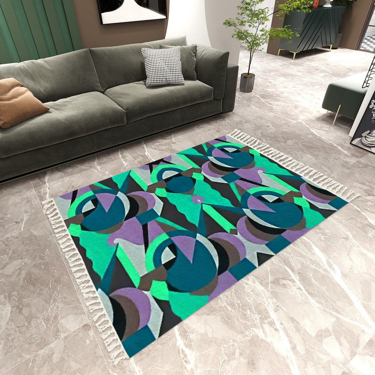 Chromatic Echoes Abstract Geometric Area Rug with Tassels (5'x8') | Vibrant Art Deco Rug