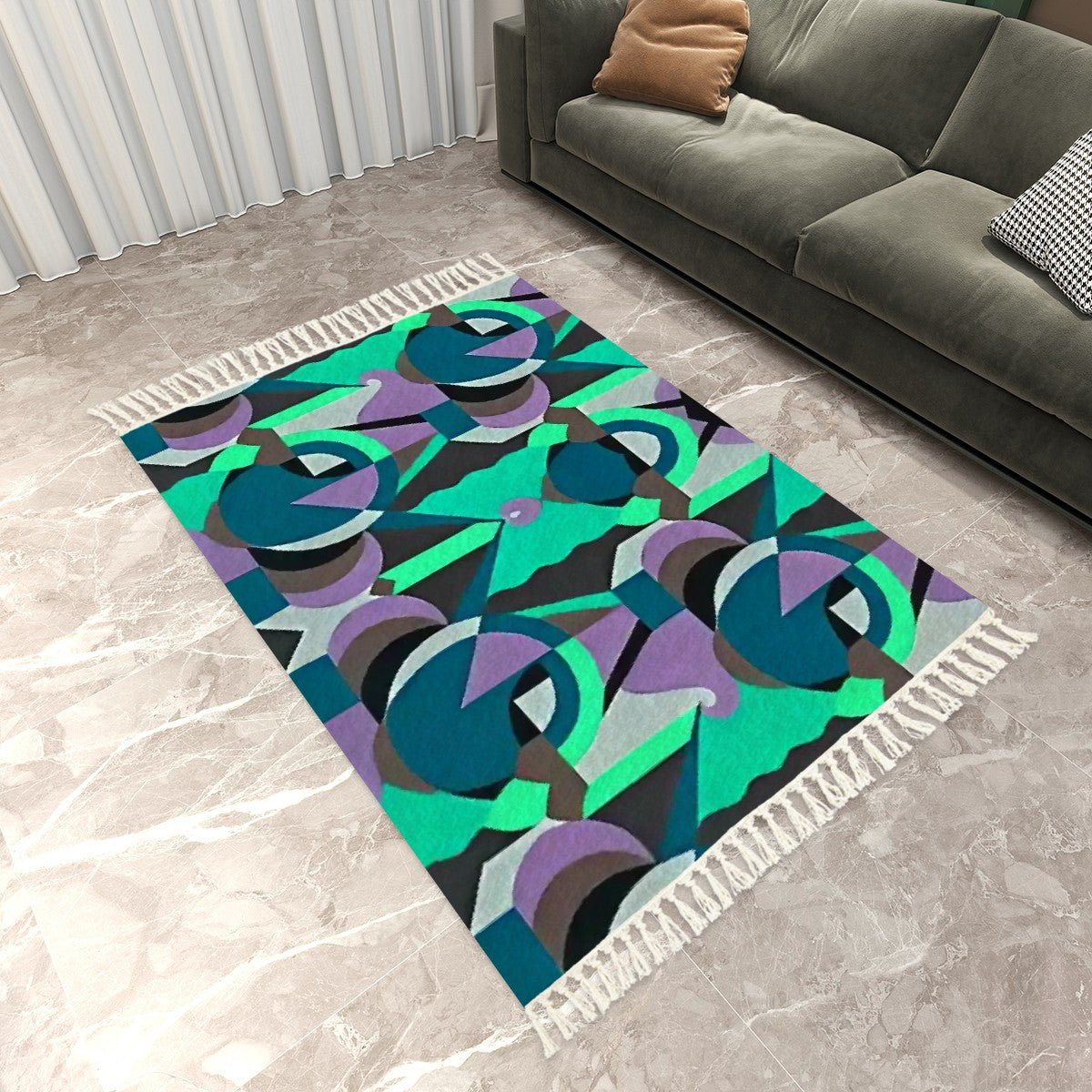 Chromatic Echoes Abstract Geometric Area Rug with Tassels (5'x8') | Vibrant Art Deco Rug