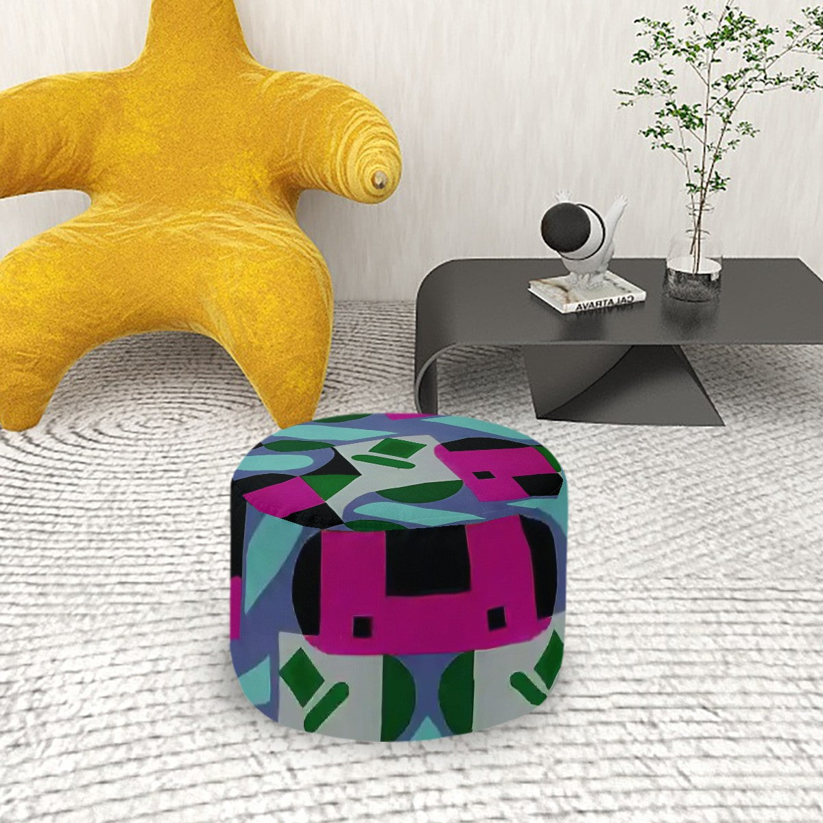 Kaleidoscope Reimagined Colorful Eclectic Round Pouf Ottoman |  Art Deco Inspired Abstract Patterned Pouf