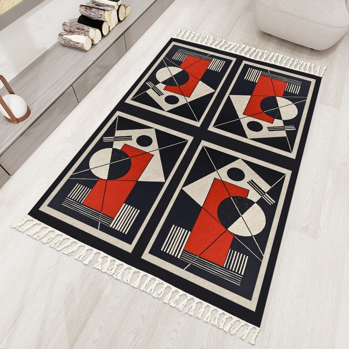 Geo Construct Area Rug with Tassels (5x3) | Abstract Geometric Rug - POP DECO