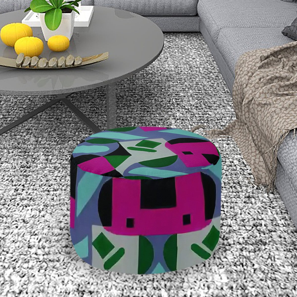 Kaleidoscope Reimagined Colorful Eclectic Round Pouf Ottoman |  Art Deco Inspired Abstract Patterned Pouf