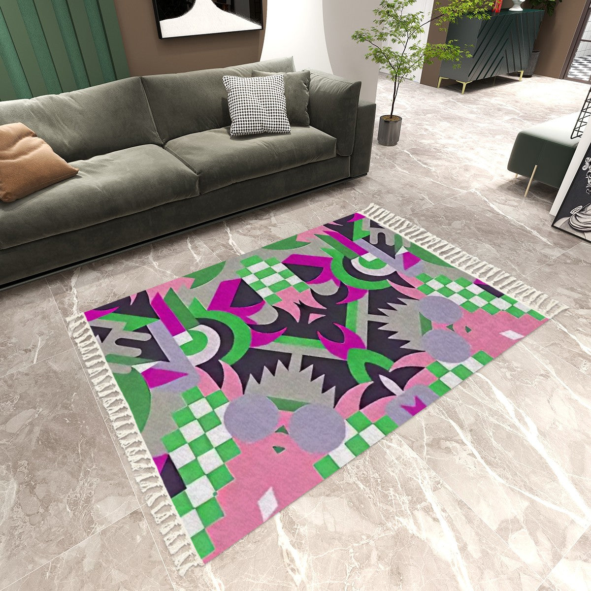 Lush Mirage Abstract Geometric Area Rug with Tassels (5'x8') | Opulent Maximalist Rug