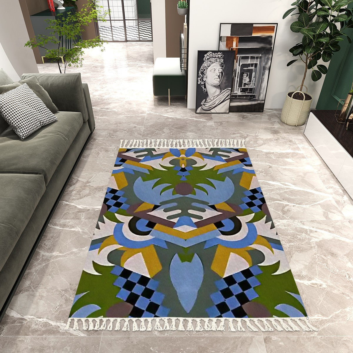 Kaleidoscopic Mirage Abstract Geometric Area Rug with Tassels (5'x8') | Art Deco Glam Rug