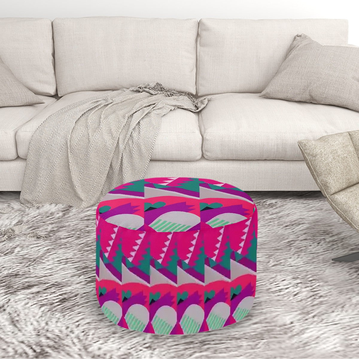 Kaleidoscope Reimagined Colorful Eclectic Round Pouf Ottoman |  Art Deco Inspired Abstract Patterned Pouf