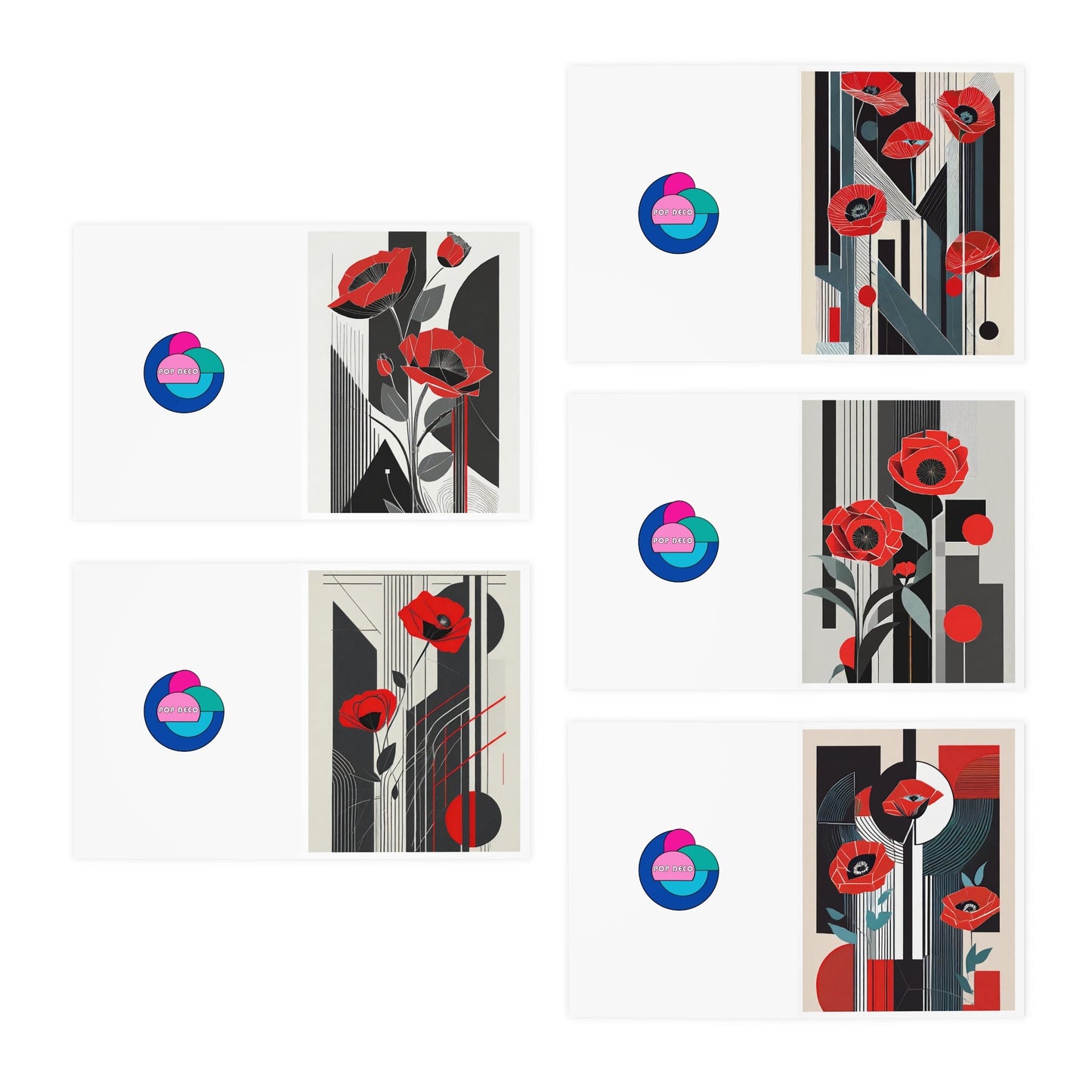 Deco Floral Note Cards | Abstract Art Deco Red Poppies Multi - Design Greeting Cards (5 - Pack) - POP DECO