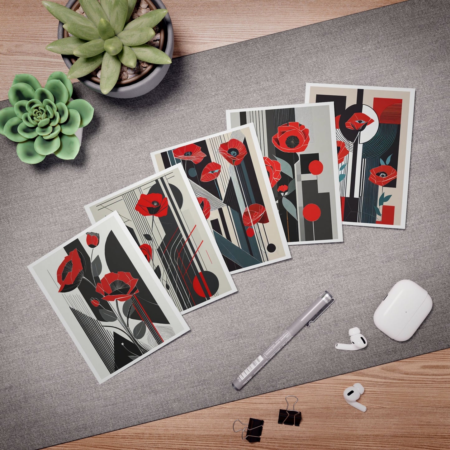 Deco Floral Note Cards | Abstract Art Deco Red Poppies Multi - Design Greeting Cards (5 - Pack) - POP DECO