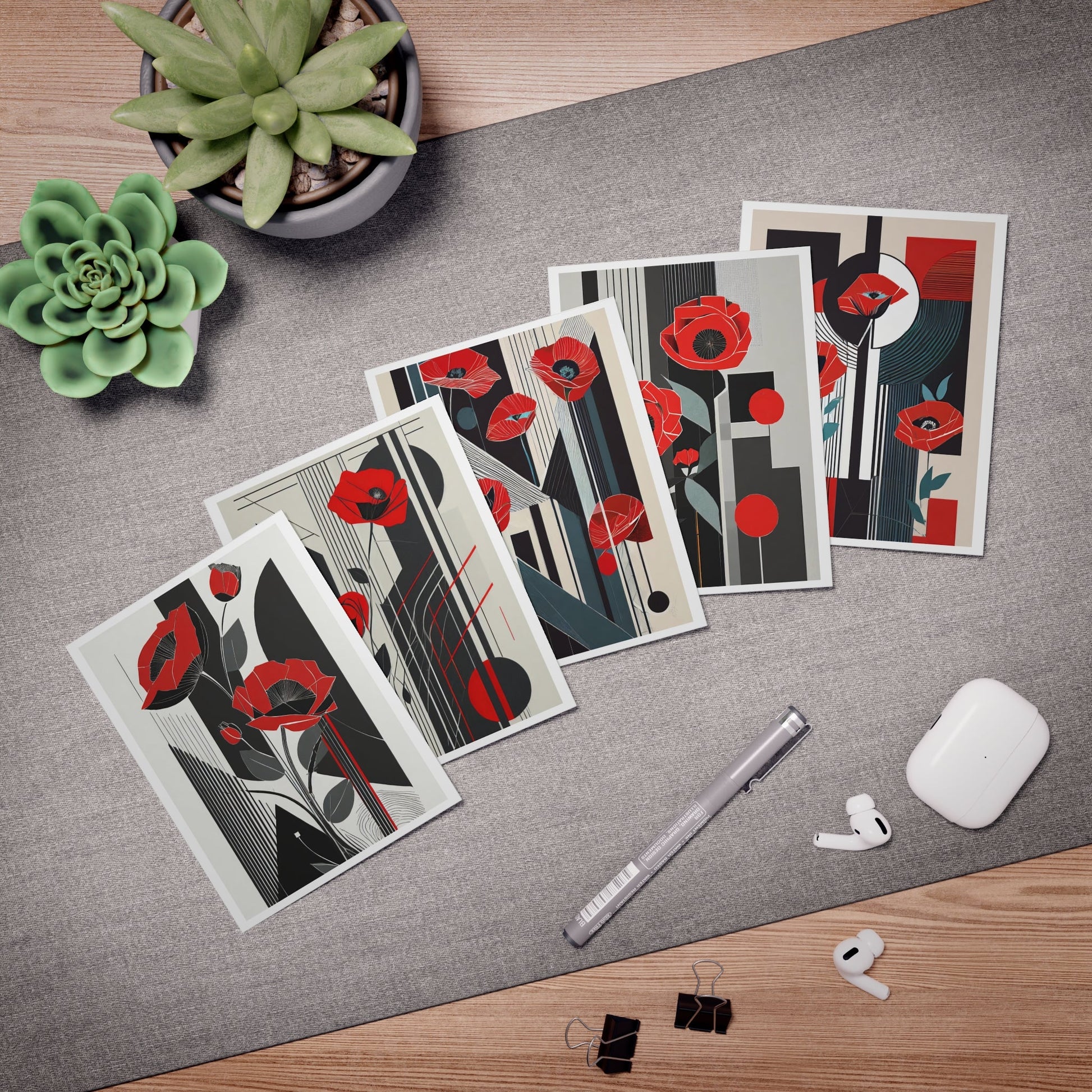 Deco Floral Note Cards | Abstract Art Deco Red Poppies Multi - Design Greeting Cards (5 - Pack) - POP DECO