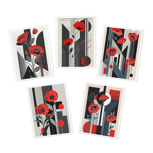 Deco Floral Note Cards | Abstract Art Deco Red Poppies Multi - Design Greeting Cards (5 - Pack) - POP DECO