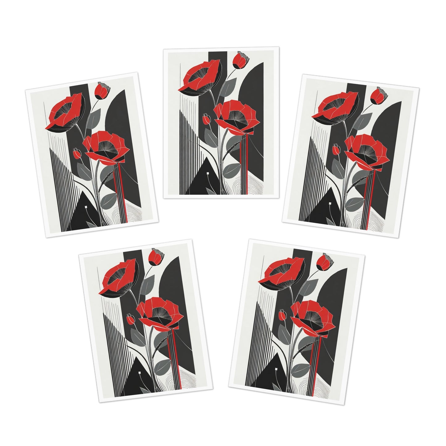 Deco Floral Note Cards | Abstract Geometric Art Deco Red Poppies Greeting Cards (5 - Pack) - POP DECO