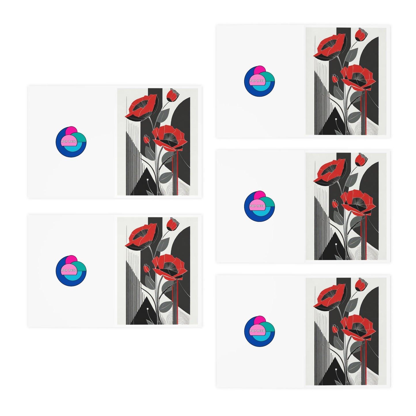 Deco Floral Note Cards | Abstract Geometric Art Deco Red Poppies Greeting Cards (5 - Pack) - POP DECO