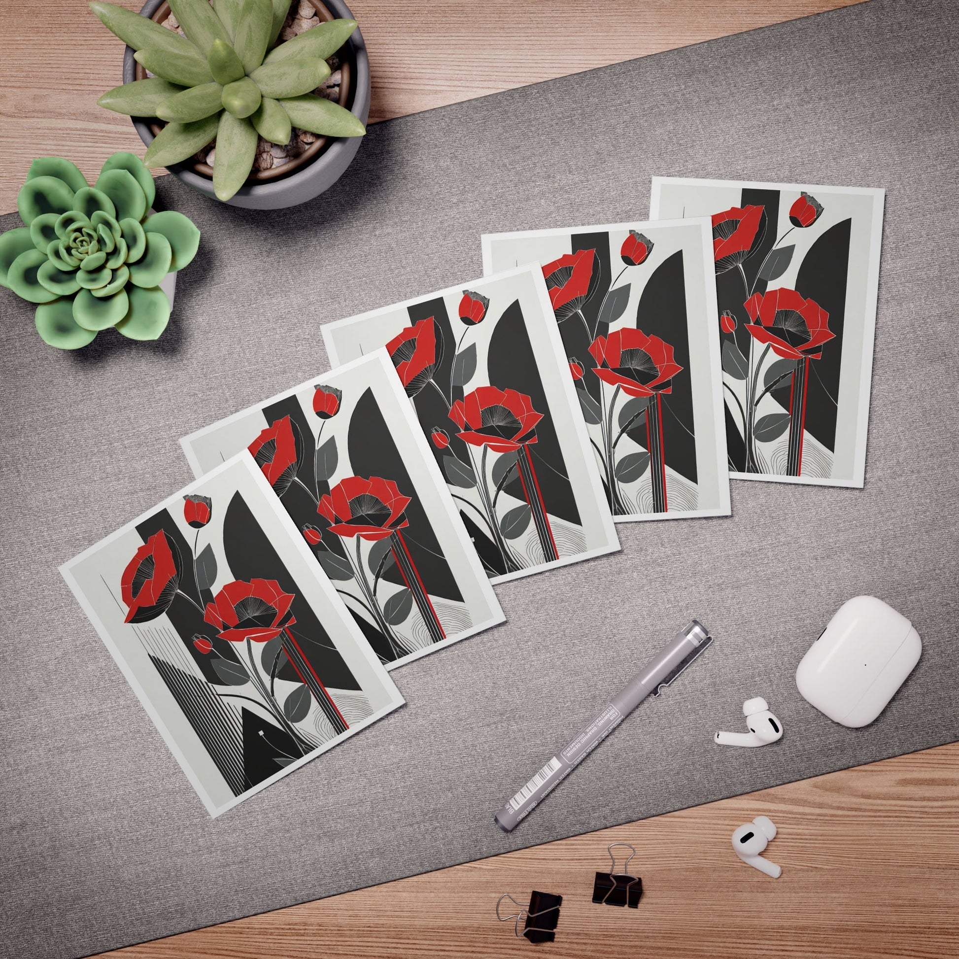 Deco Floral Note Cards | Abstract Geometric Art Deco Red Poppies Greeting Cards (5 - Pack) - POP DECO