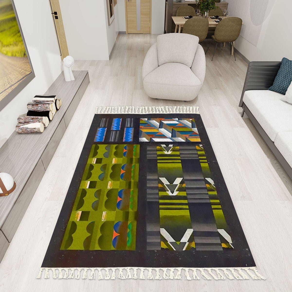 Deco Pattern Abstract Geometric Area Rug with Tassels (5x3) | Boho Eclectic Rug - POP DECO