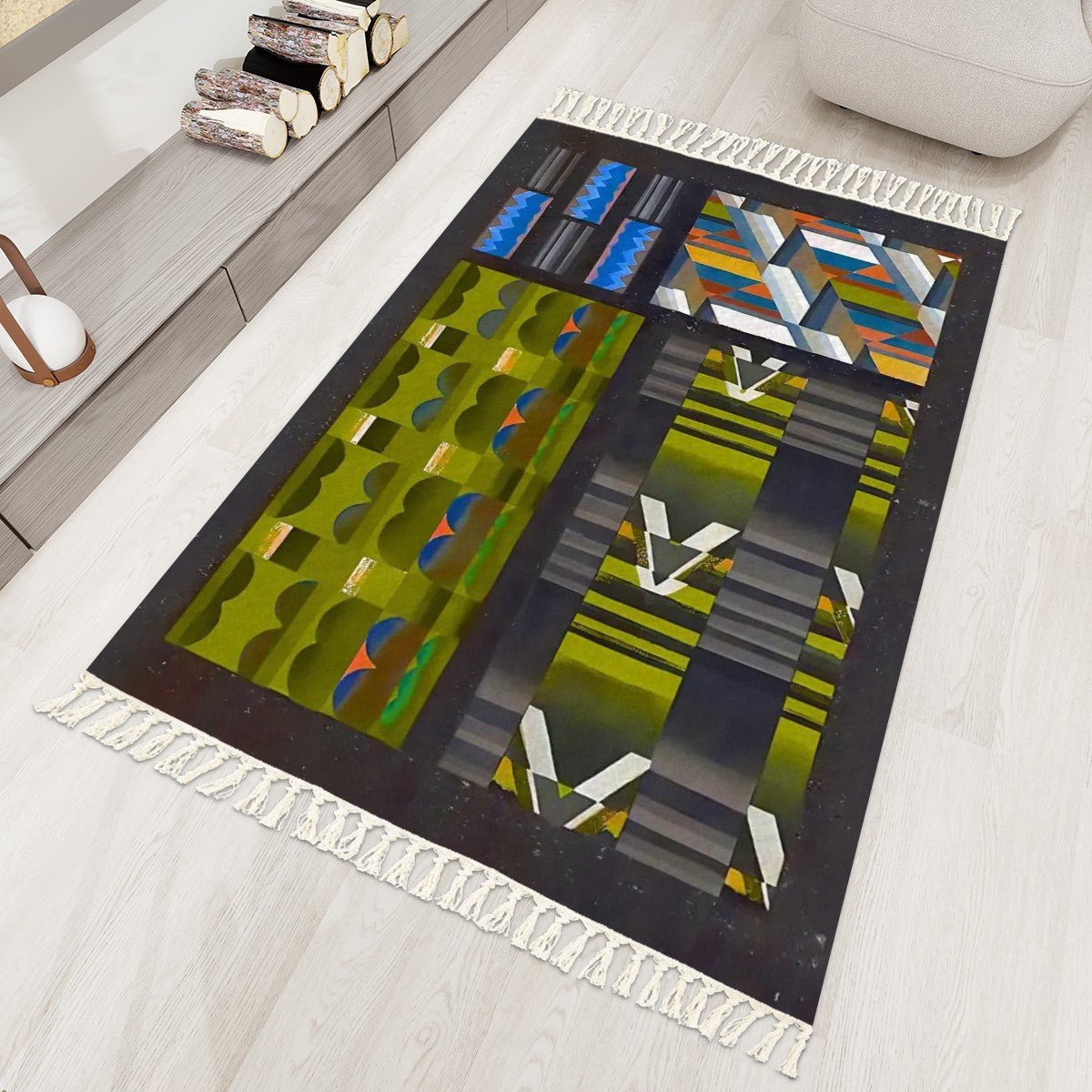 Deco Pattern Abstract Geometric Area Rug with Tassels (5x3) | Boho Eclectic Rug - POP DECO