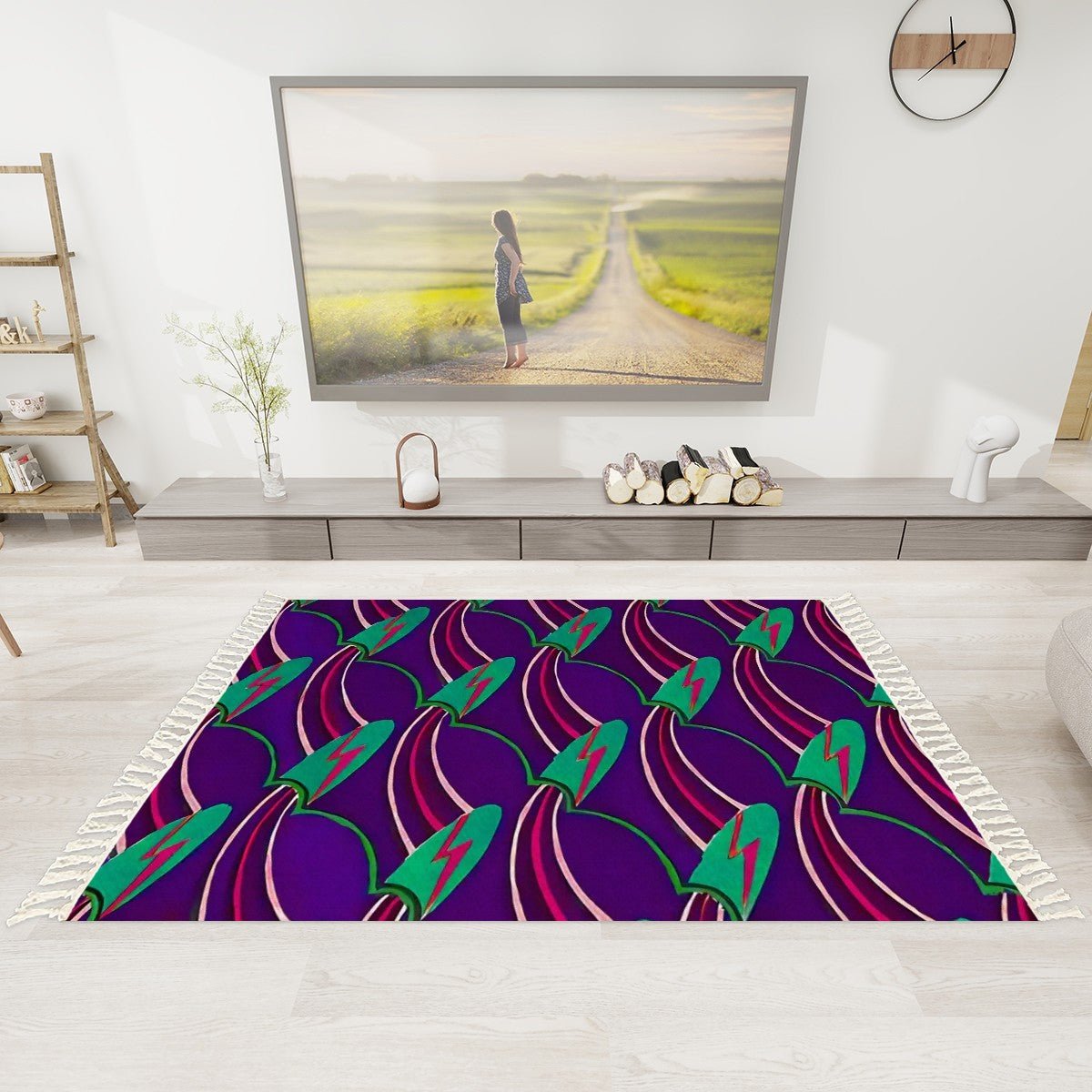 Deco Pattern Abstract Lightning Bolts Area Rug with Tassels (5x3) | Boho Eclectic Rug - POP DECO