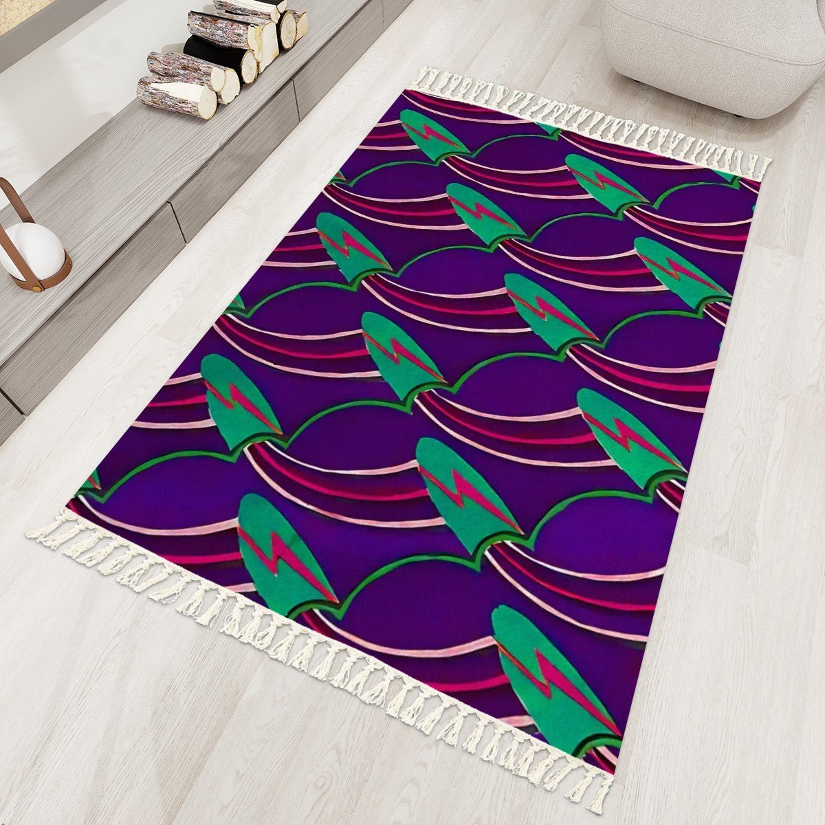 Deco Pattern Abstract Lightning Bolts Area Rug with Tassels (5x3) | Boho Eclectic Rug - POP DECO