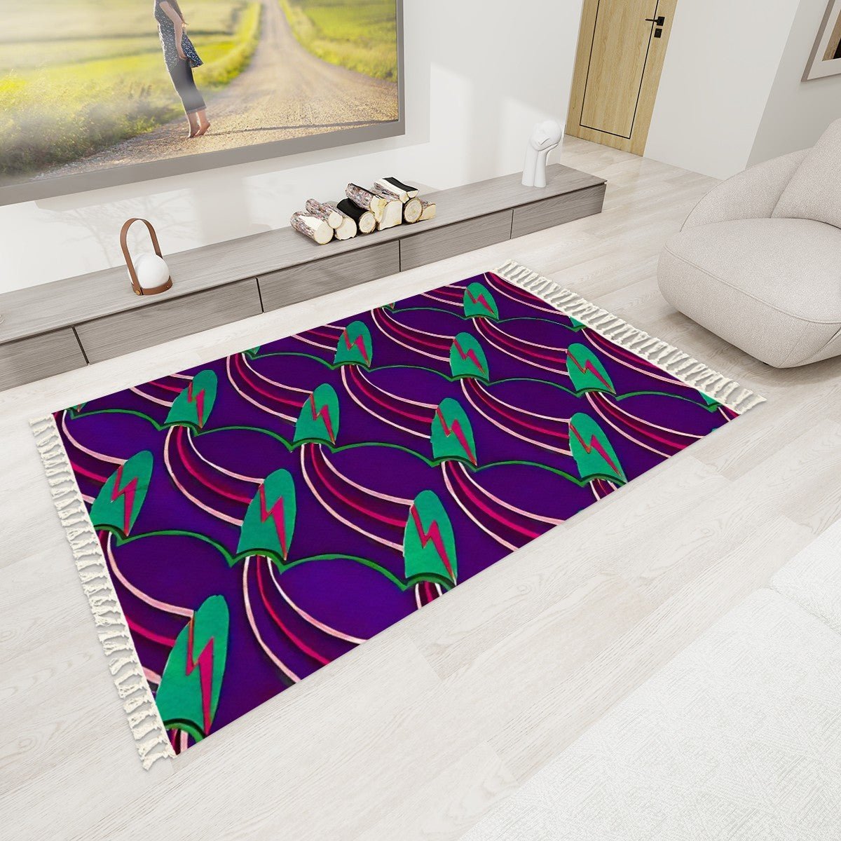 Deco Pattern Abstract Lightning Bolts Area Rug with Tassels (5x3) | Boho Eclectic Rug - POP DECO