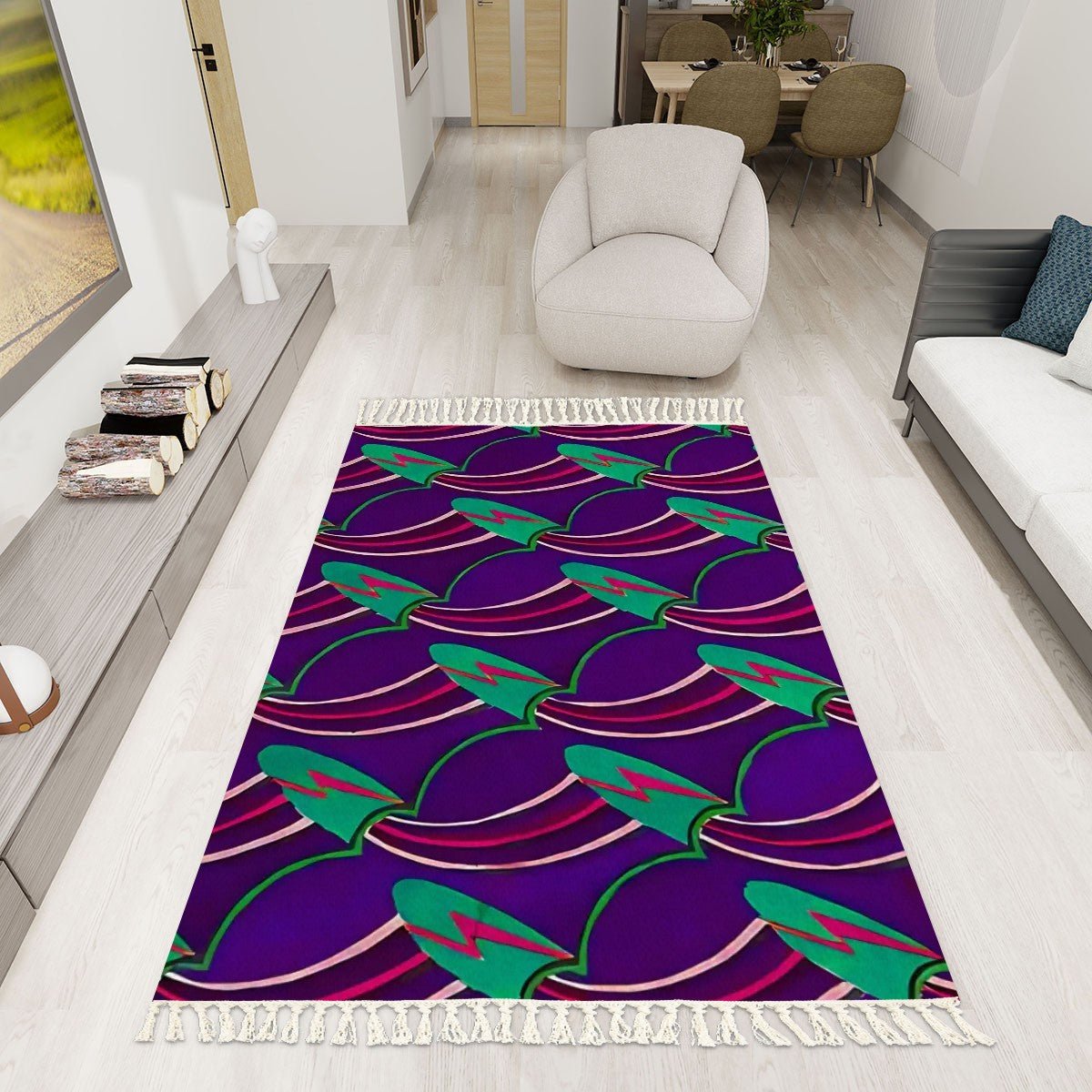 Deco Pattern Abstract Lightning Bolts Area Rug with Tassels (5x3) | Boho Eclectic Rug - POP DECO