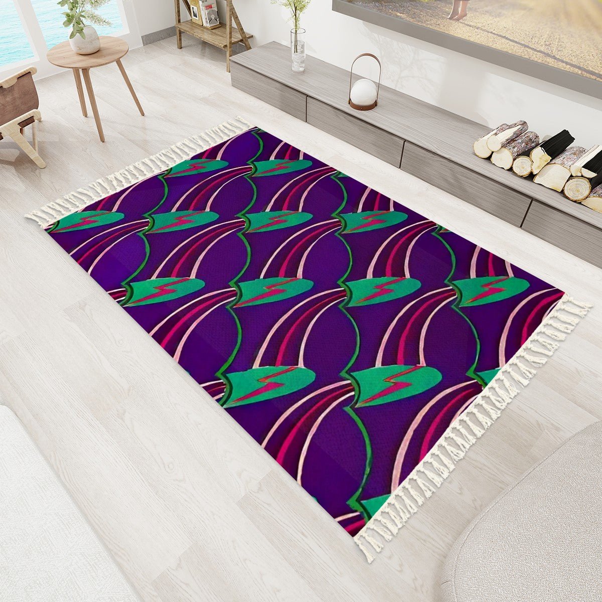 Deco Pattern Abstract Lightning Bolts Area Rug with Tassels (5x3) | Boho Eclectic Rug - POP DECO