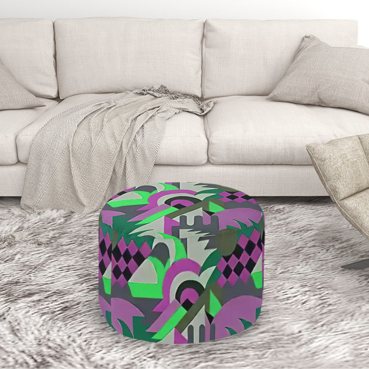 Kaleidoscope Reimagined Colorful Eclectic Round Pouf Ottoman |  Art Deco Inspired Abstract Patterned Pouf