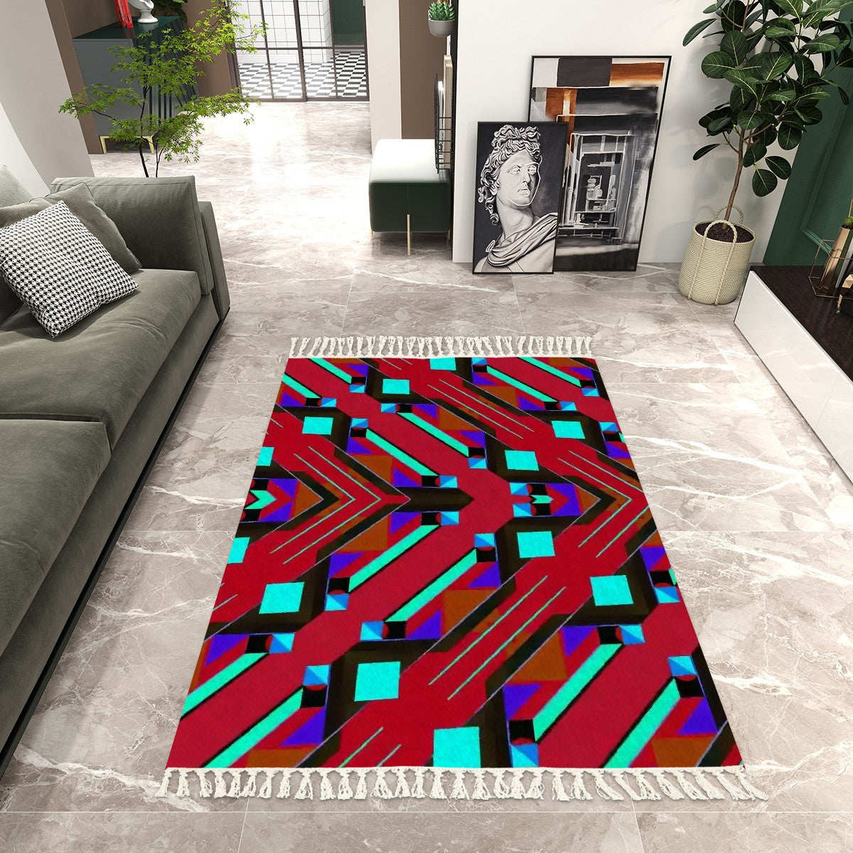 Pop Wild Geometric Cherry Coded Area Rug (5'x8') | Boho Eclectic Rug with Tassels