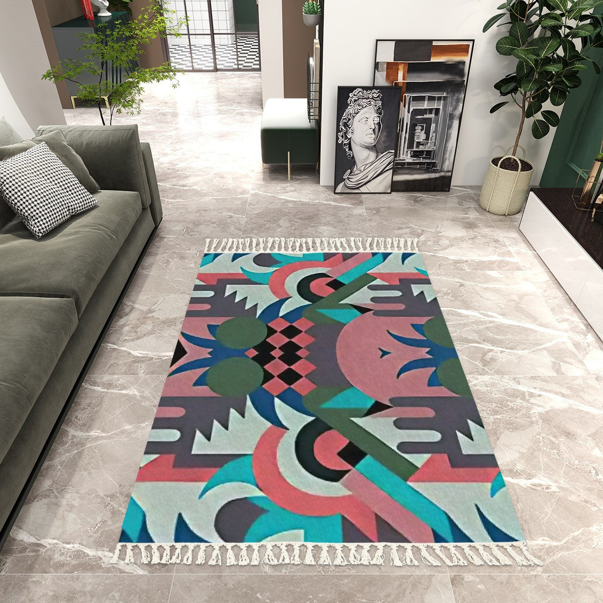 Art Deco Psychedelia Abstract Geometric Area Rug with Tassels (5'x8') | Eclectic Retro Rug