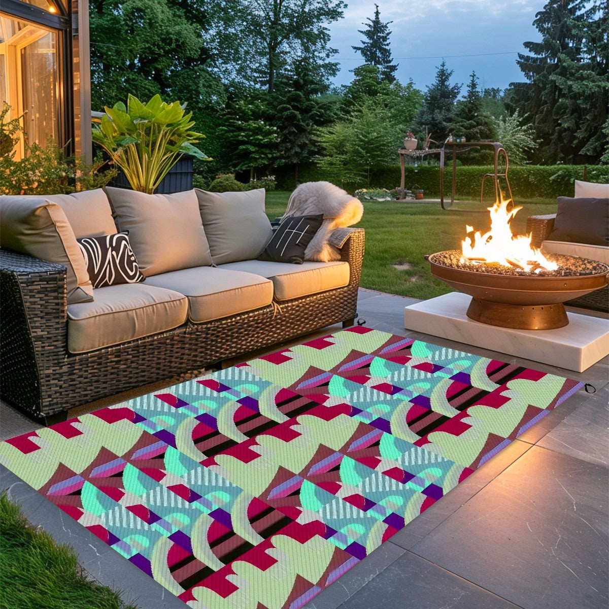 Kaleidoscope Reimagined Abstract Colorful 4'x6' Outdoor Rug | Eclectic Patio Outdoor Plastic Straw Mat