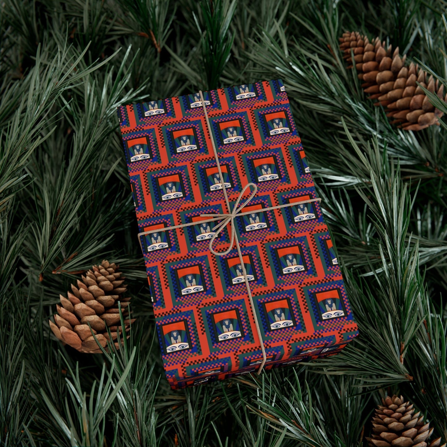 Egyptian Revival Checkered Christmas Wrapping Paper | Retro Egyptian Holiday Gift Wrap - POP DECO