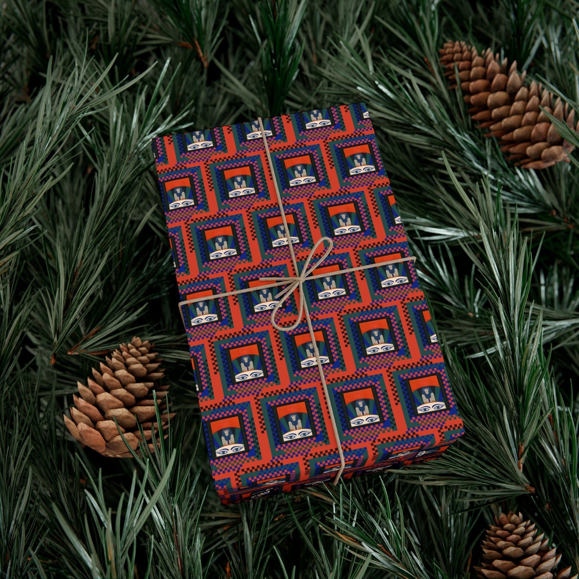 Egyptian Revival Checkered Christmas Wrapping Paper | Retro Egyptian Holiday Gift Wrap - POP DECO