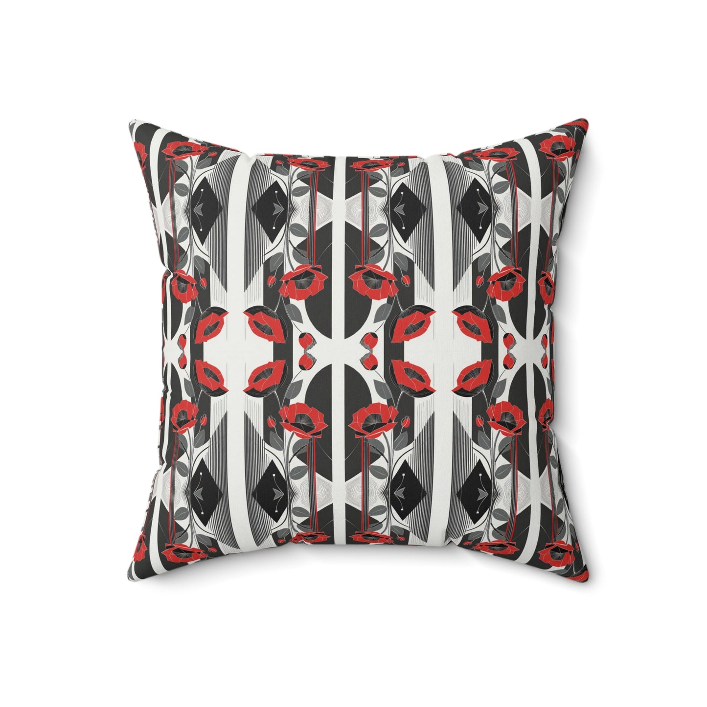 Elegant Art Deco Red Poppy Kaleidoscope Floral Square Pillow - POP DECO