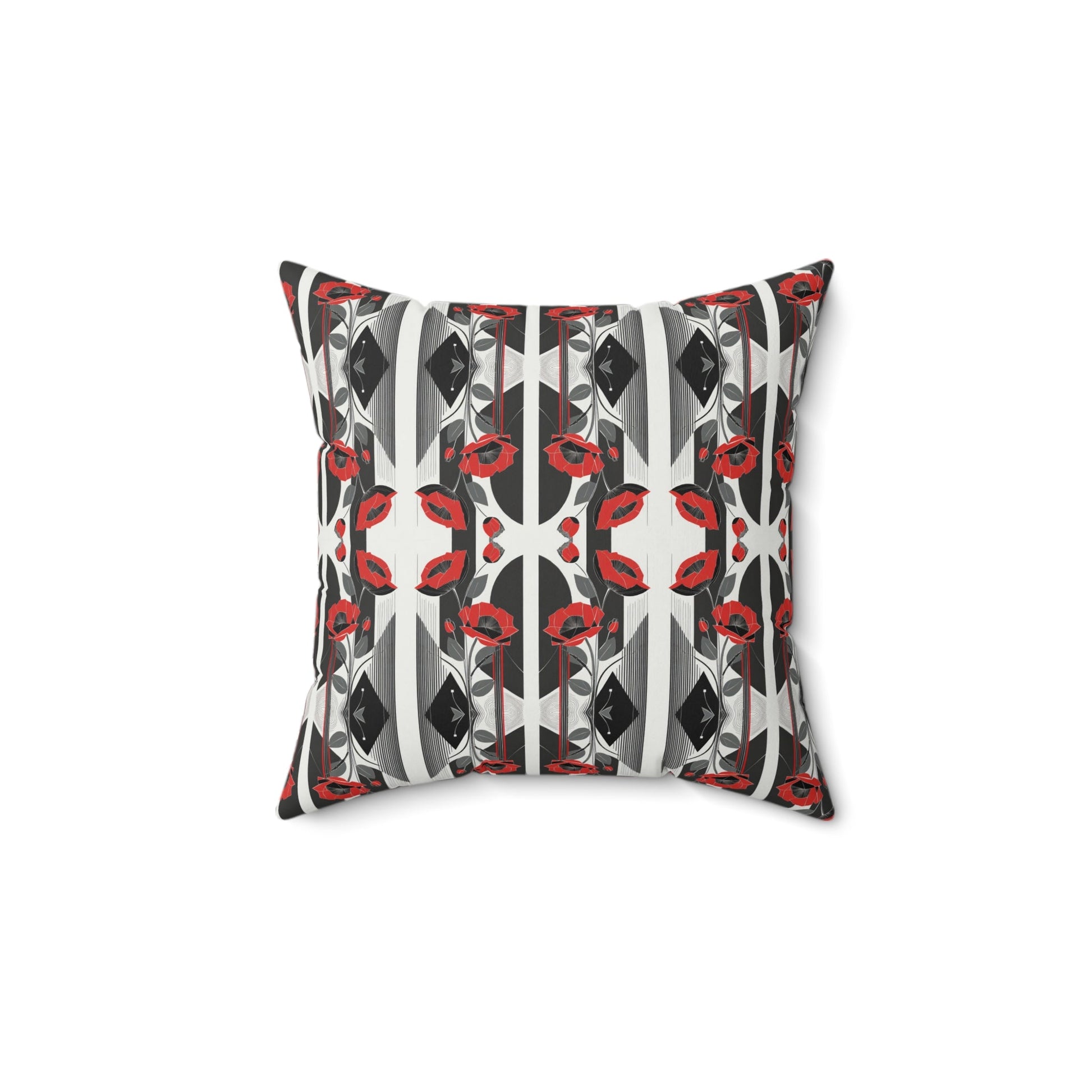 Elegant Art Deco Red Poppy Kaleidoscope Floral Square Pillow - POP DECO