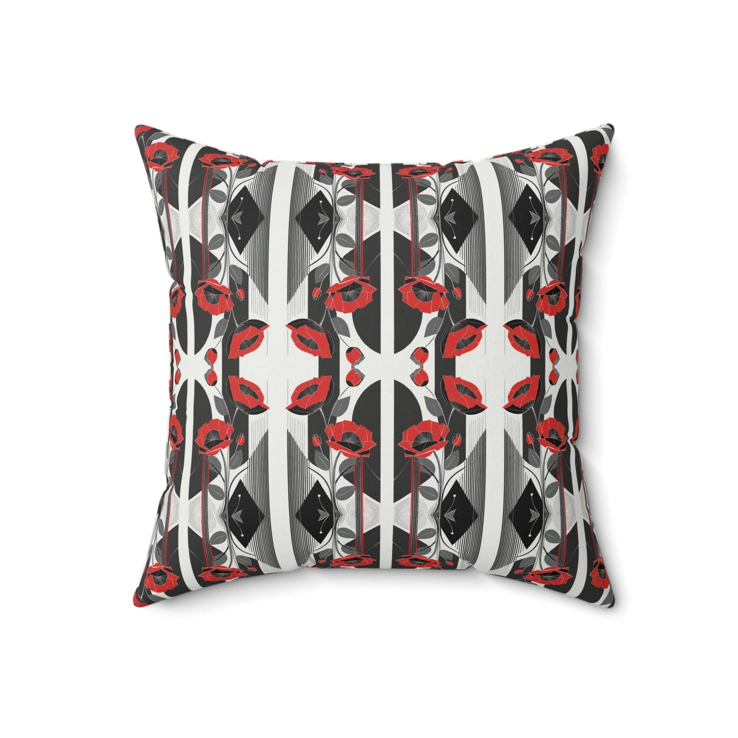 Elegant Art Deco Red Poppy Kaleidoscope Floral Square Pillow - POP DECO