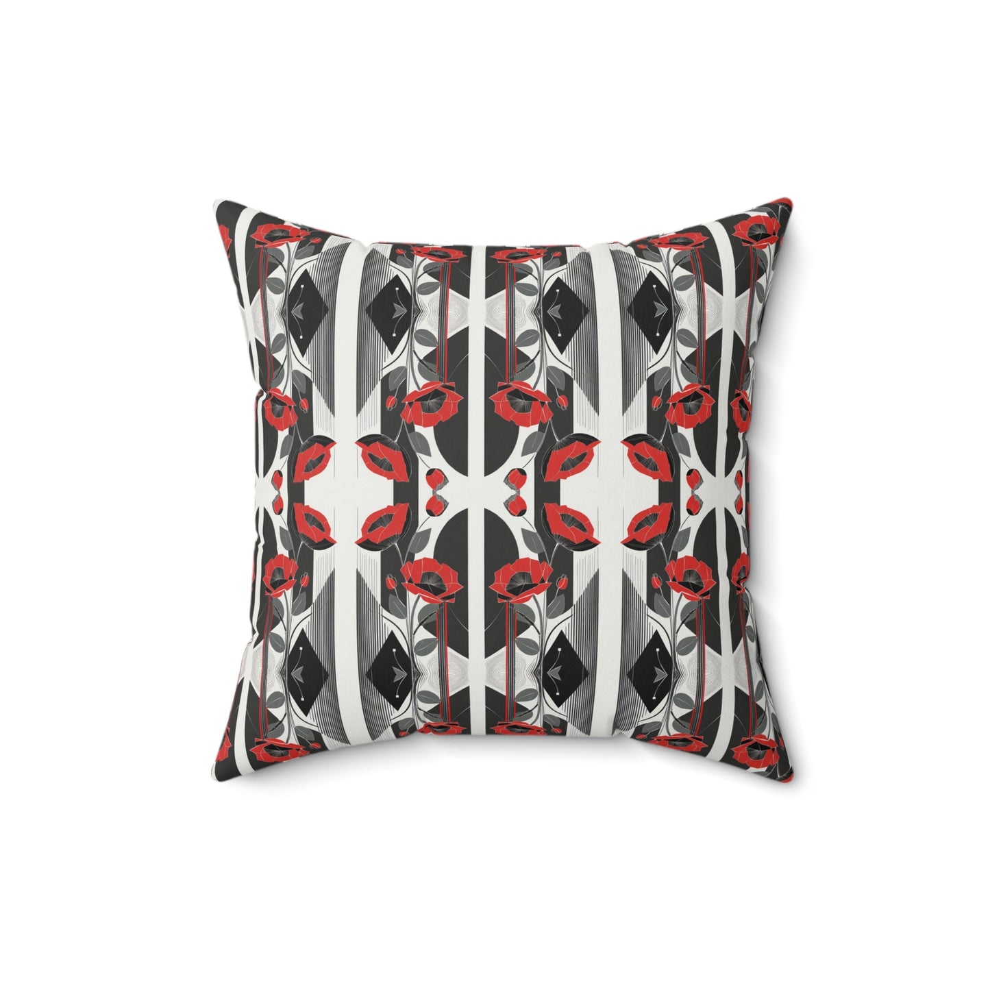 Elegant Art Deco Red Poppy Kaleidoscope Floral Square Pillow - POP DECO