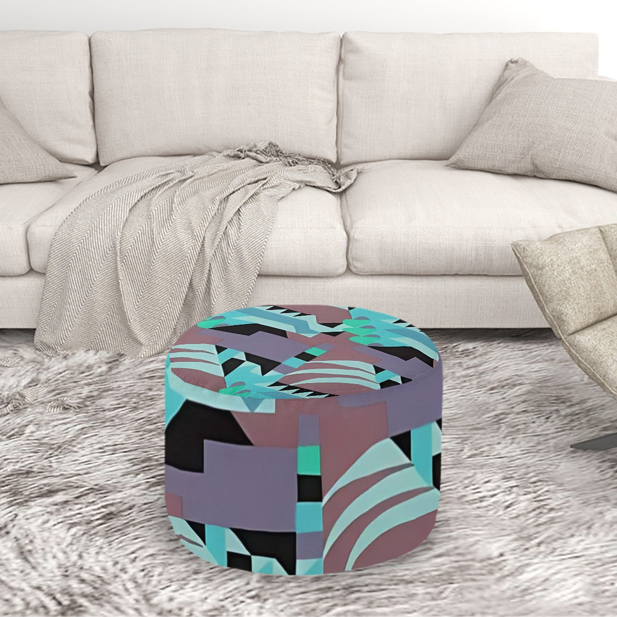 Kaleidoscope Reimagined Colorful Eclectic Round Pouf Ottoman |  Art Deco Inspired Abstract Patterned Pouf