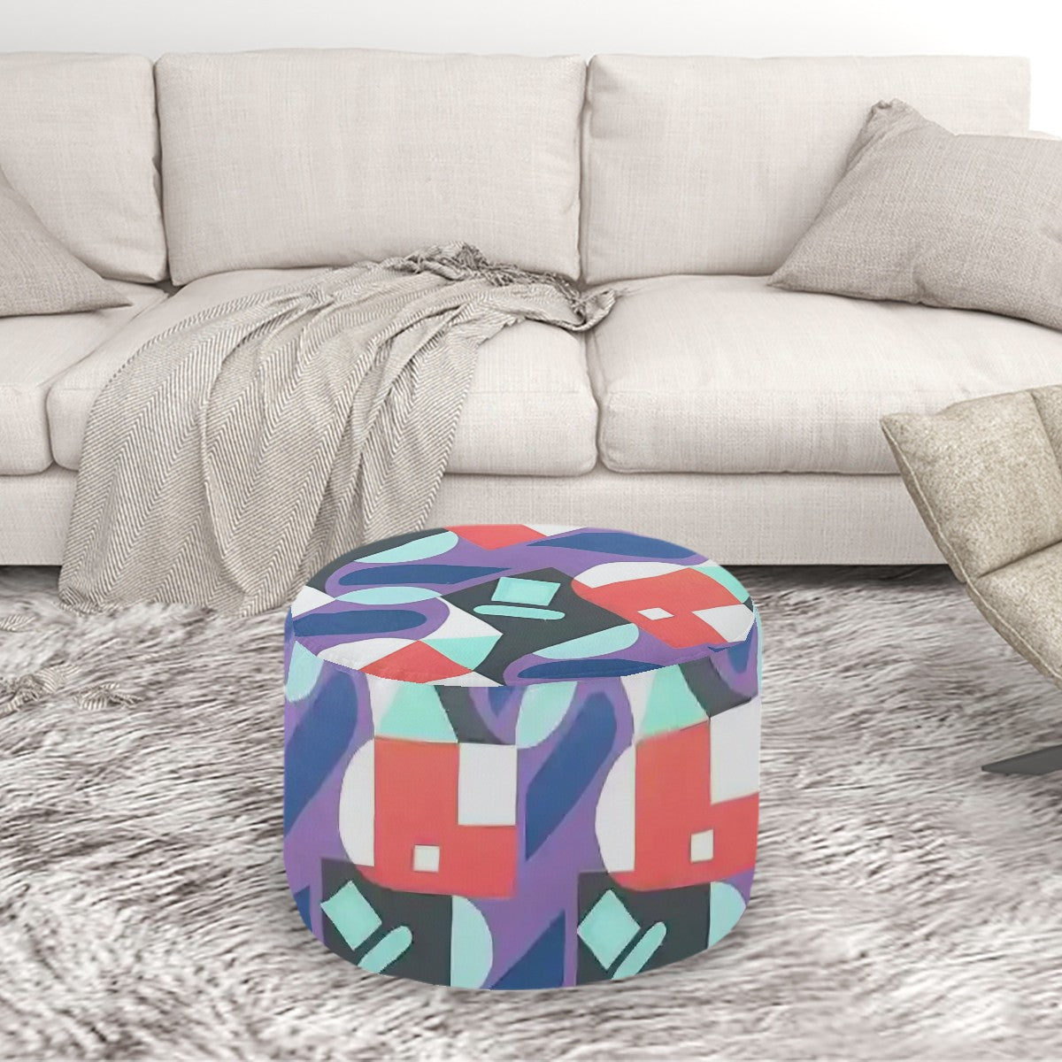 Kaleidoscope Reimagined Colorful Eclectic Round Pouf Ottoman |  Art Deco Inspired Abstract Patterned Pouf