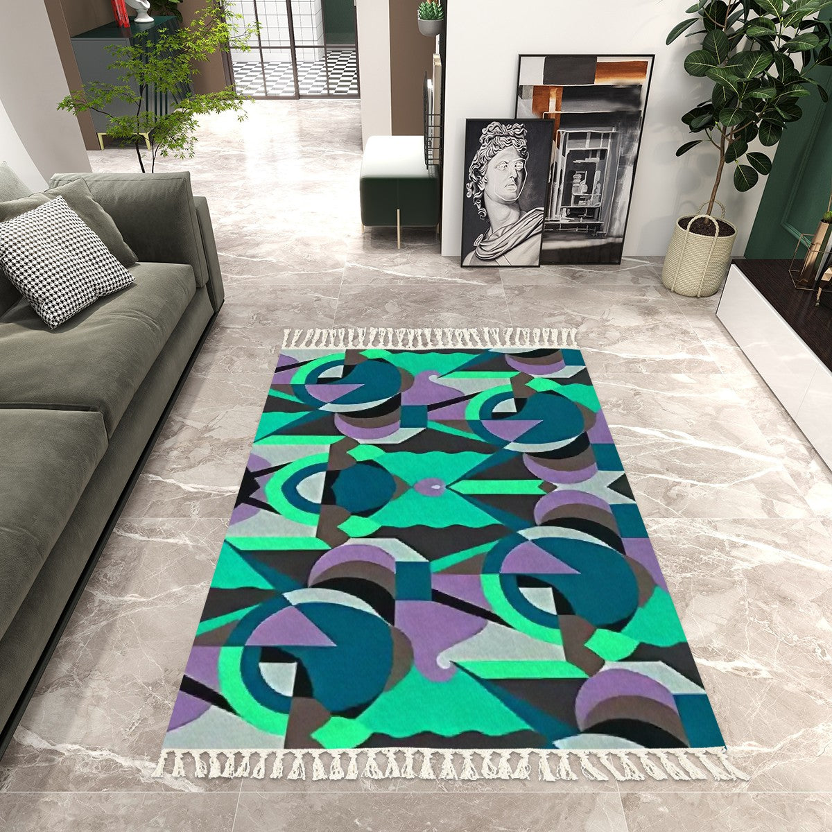 Chromatic Echoes Abstract Geometric Area Rug with Tassels (5'x8') | Vibrant Art Deco Rug