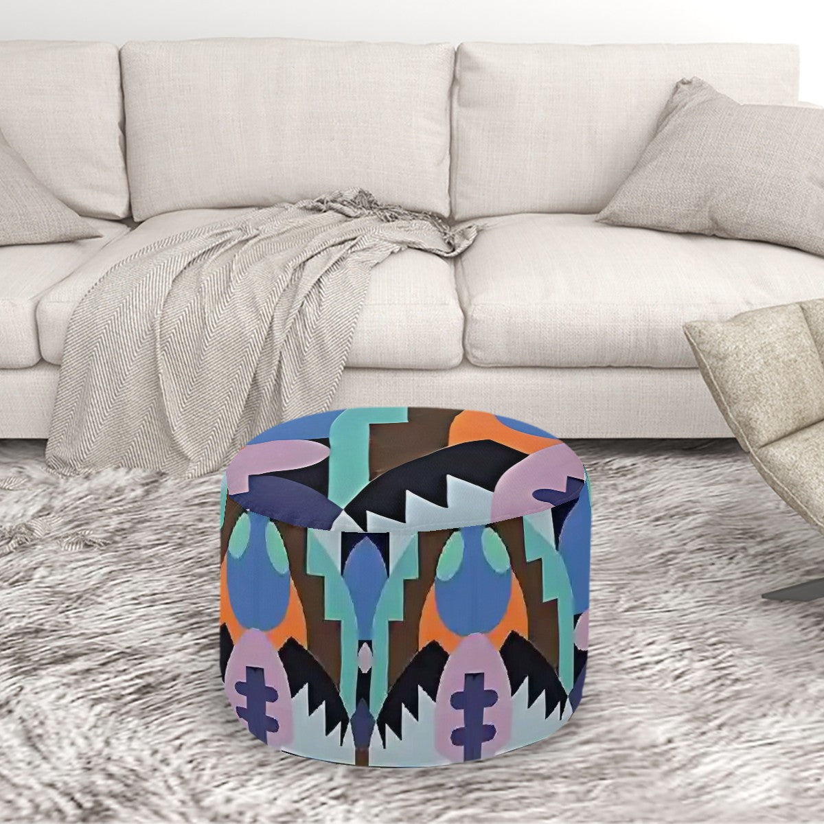 Kaleidoscope Reimagined Colorful Eclectic Round Pouf Ottoman |  Art Deco Inspired Abstract Patterned Pouf